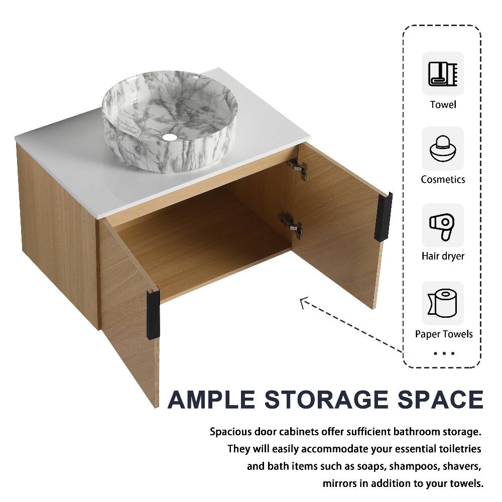 Towel  
Cosmetics  
Hair dryer  
Paper Towels  
...  
AMPLE STORAGE SPACE  
Spacious door cabinets offer sufficient bathroom storage. They will easily accommodate your essential toiletries and bath items such as soaps, shampoos, shavers, mirrors in addition to your towels.