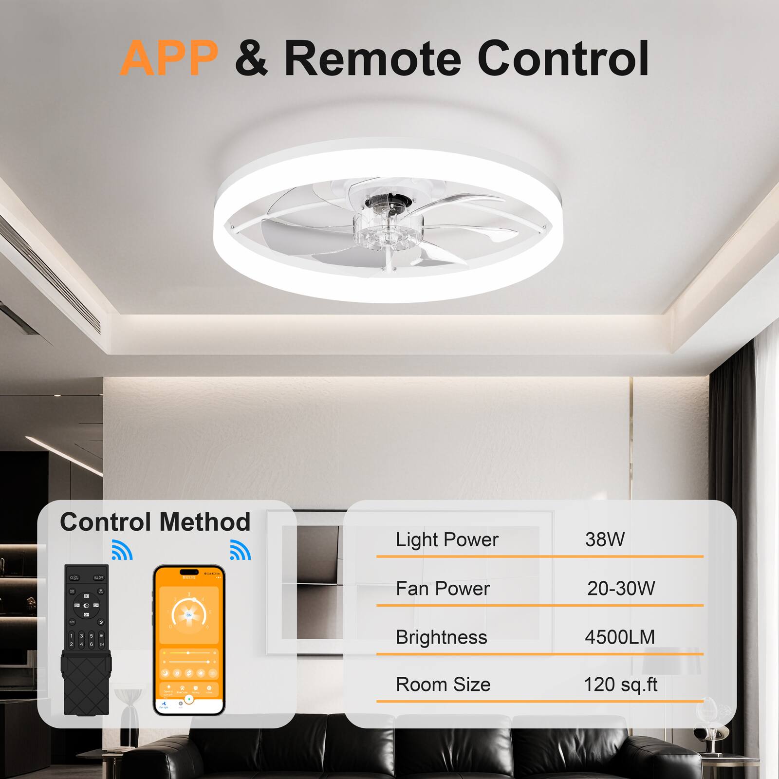 APP & Remote Control

Control Method

Light Power: 38W

Fan Power: 20-30W

Brightness: 4500LM

Room Size: 120 sq.ft