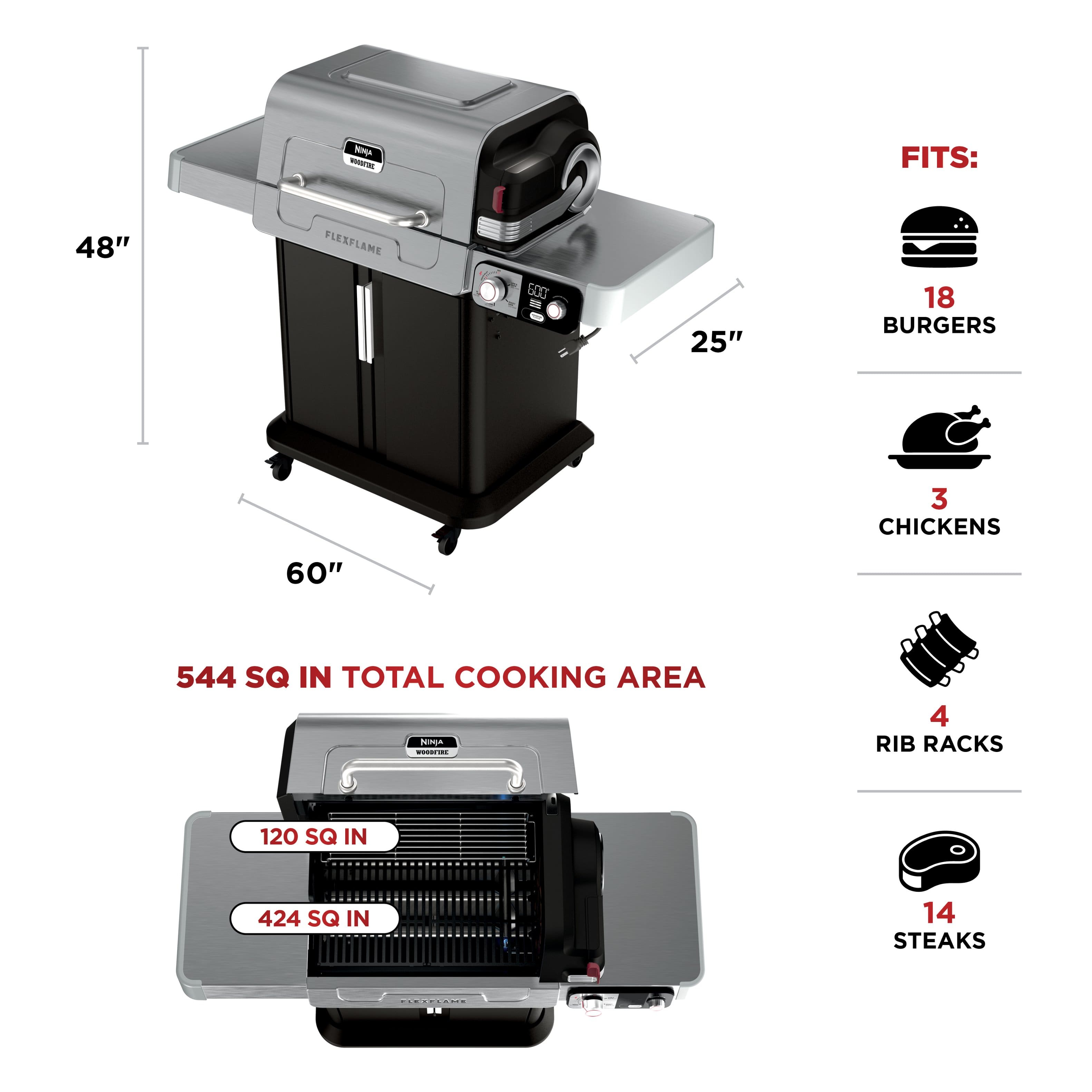 NMA - FITS: 48" FLEXFLAME 500 25" 18 BURGERS 3 CHICKENS 60" 544 SQ IN TOTAL COOKING AREA H - 4 RIB RACKS 120 SQ IN 424 SQ IN 14 STEAKS C - 48" FLEXFLAME 500 25" 18 BURGERS 3 CHICKENS 60" 544 SQ IN TOTAL COOKING AREA H - 4 RIB RACKS 120 SQ IN 424 SQ IN 14 STEAKS
