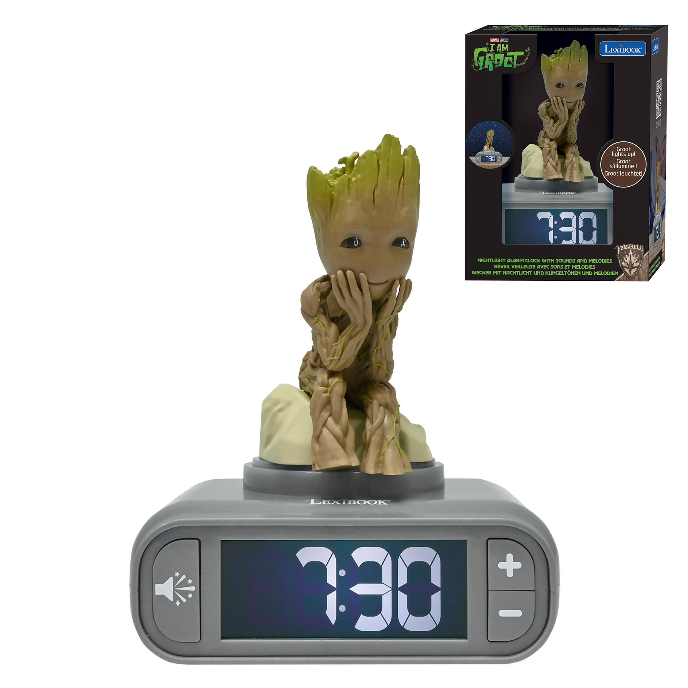 ARE I AM GROOT  
LEXIBOOK  
180  
Groot lights up! Groot s'illumine! Groot euchted  
190  
NIGHTLIGHT MALA XXXD WITH SOUNDS AND MELODIES RVEL VELLEUSE AVEC SONS ET MELODIES WIOR MT NACHTLICHT UND KLINGELTONEN UND MELODIEN  
LEXIBOOK 130  
+ -
