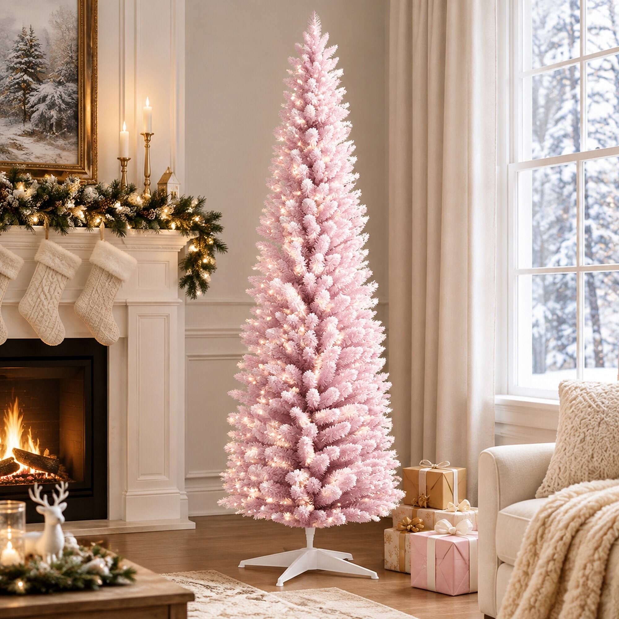 Left. RYHNUYNE - Snow Flocked Artificial Pencil Christmas Tree With Realistic Branches, Slim Hinged Narrow Holiday Home Decor - Pink.