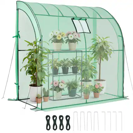Front. VEVOR - Walk-in Greenhouse,78" x 39.4" x 78.7" Greenhouse for Outdoors with Window, PE Cover, 3-Tier Shelf, Roll-Up Zipper Doors - Green.
