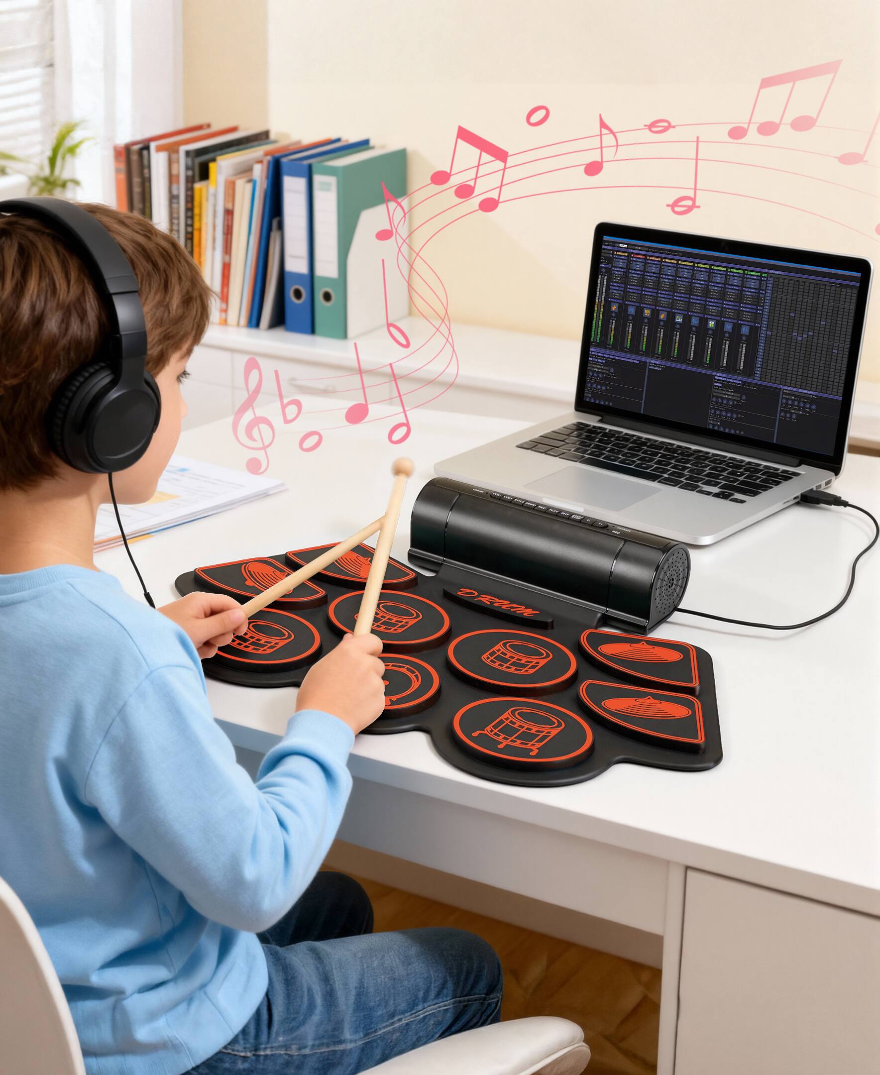 Alt View 6. Sugift - Kids Roll-Up Electronic Drum Set with Speakers, Headphone Jack & Foot Pedals - Green - Red.