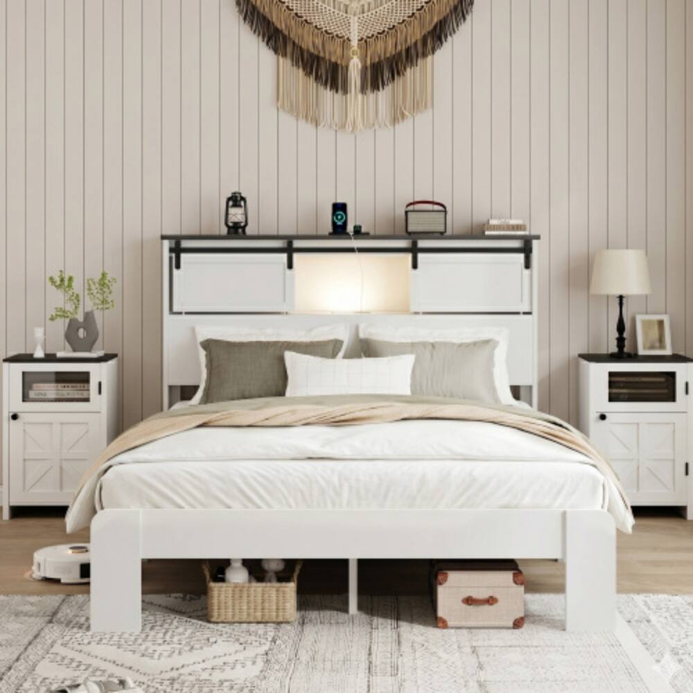 Angle. LUCKY ONE - Queen Size Metal Bed Frame with Storage Headboard, USB Charging, Heavy Duty Metal Slats, No Box Spring Needed - White,QUEEN.
