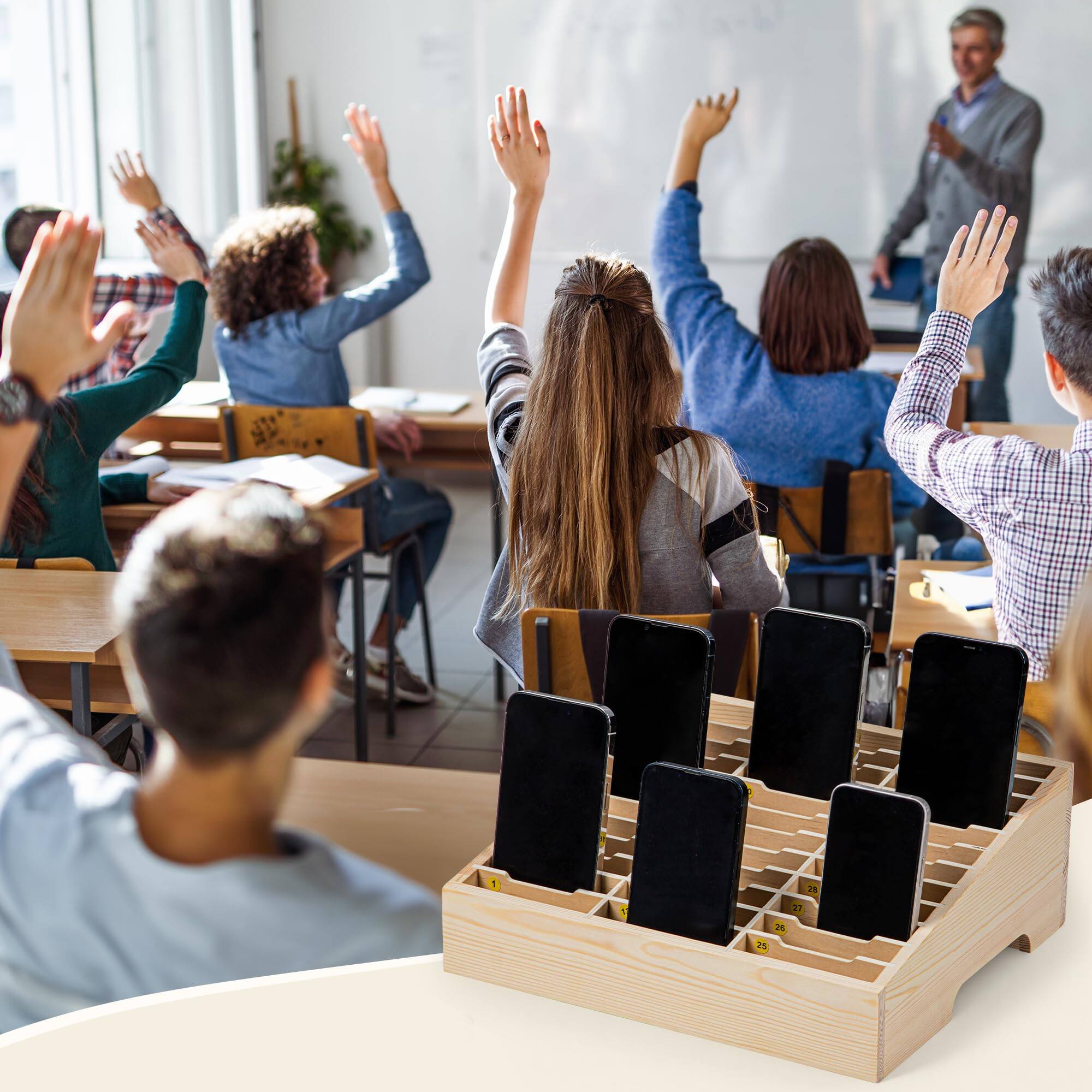 Alt View 4. PO3TICJUNKI3 - Classroom Cell Phone Holder Fully Assembled 36 Grid Cellphone Storage Box For Student Management Calculator - Wood.