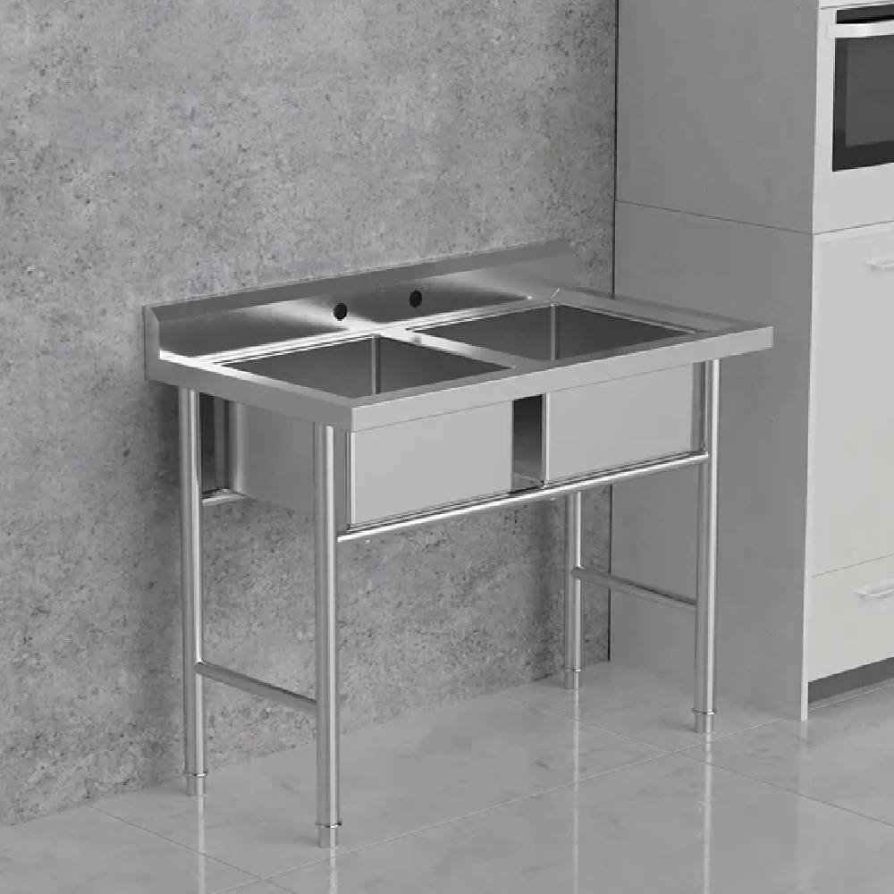 Back. Winado - Commercial Stainless Steel Utility & Prep Sink with Backsplash & 2 Compartment & Adjustable Legs for Kitchen, Restaurant - Silver.