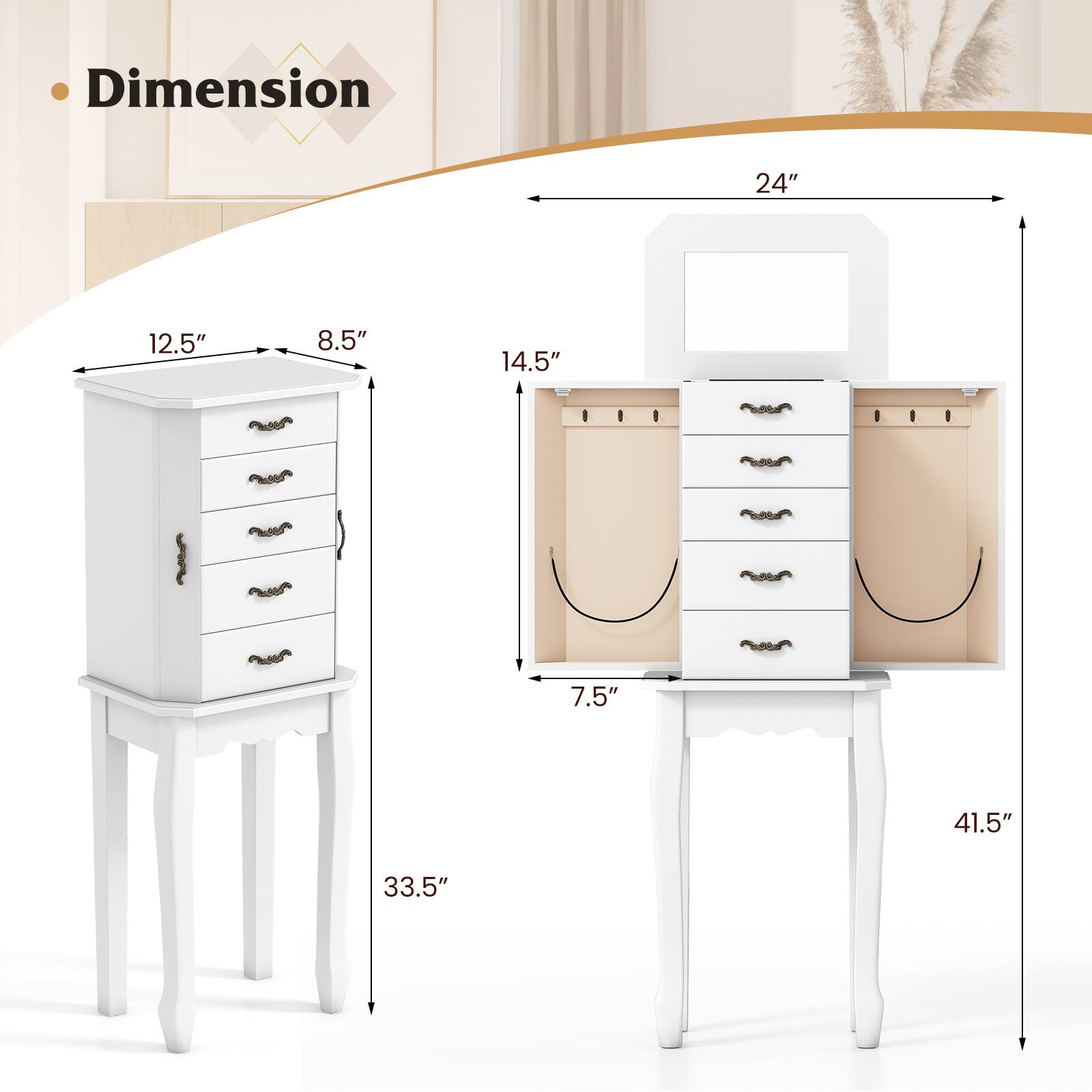 Dimension  
24" x 12.5" x 8.5" x 33.5"  
41.5" x 14.5" x 7.5"