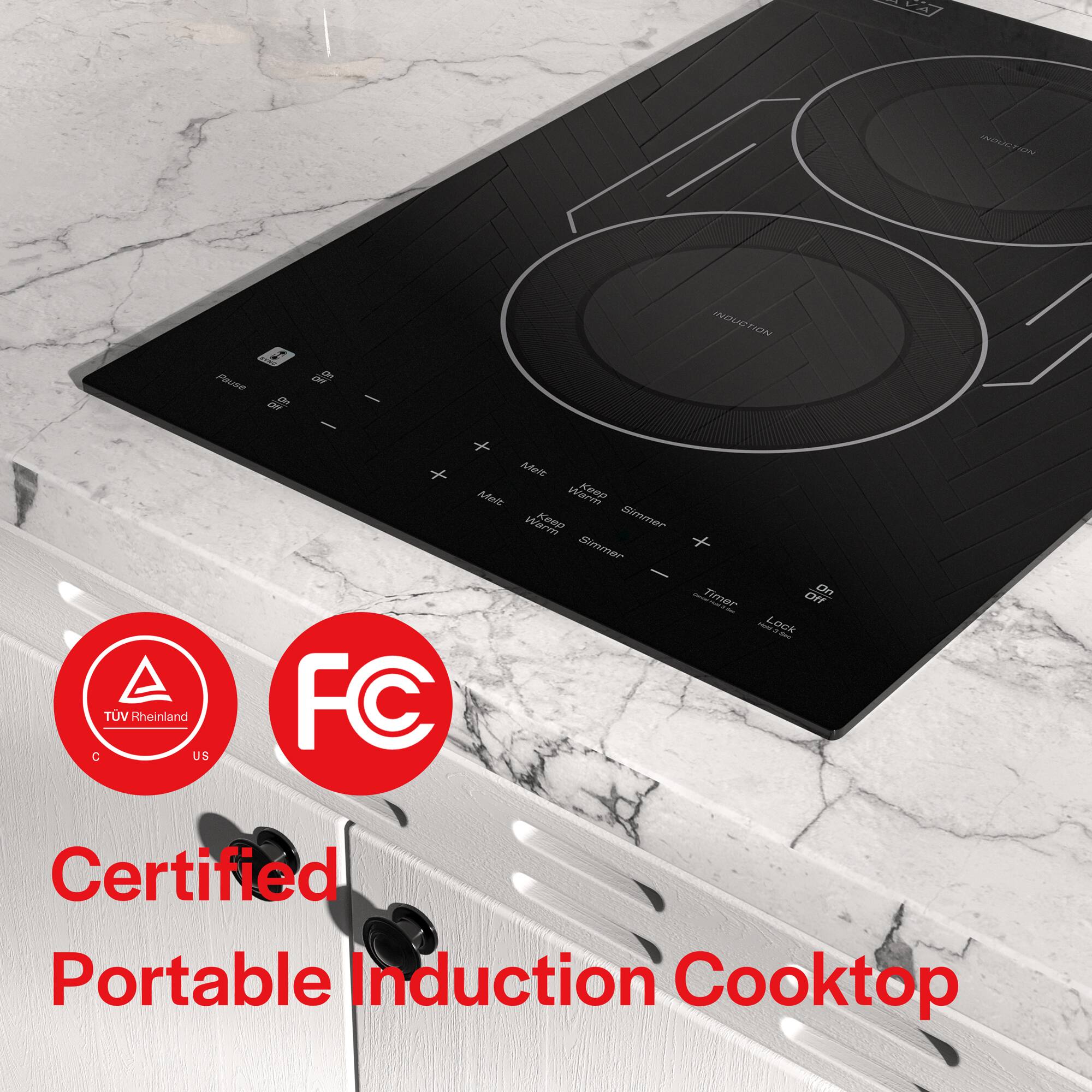 The text on the image is grouped as follows:

"NE RCONC  PauzO DE oi - - INUCTION NOW TUV Rheinland C US ARNC Afelt Keep Hio Ke Simmer Simmer : FC Timer OIr On - LOGk Certified Portable Induction Cooktop"