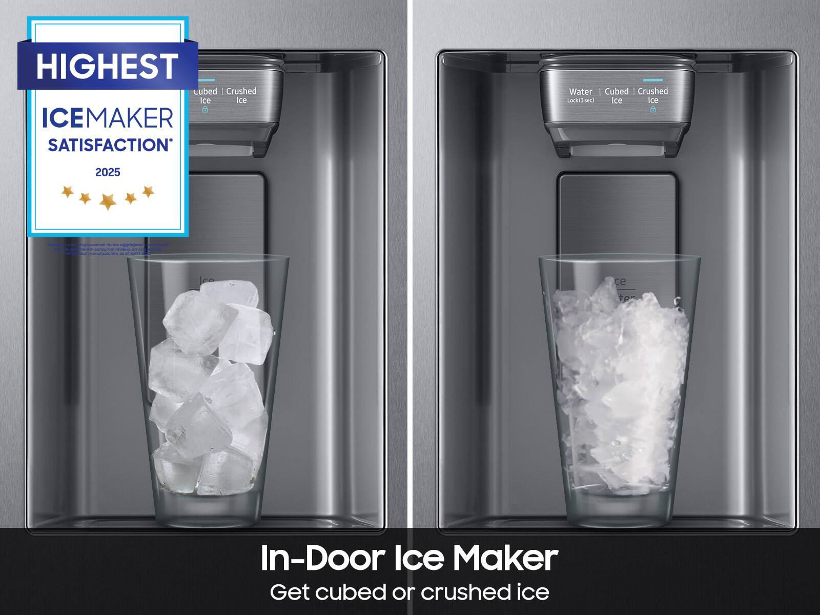HIGHEST  
ICE MAKER SATISFACTION*  
2025  

In-Door Ice Maker  
Get cubed or crushed ice  

Water | Cubed Ice | Crushed Ice  
Lock (3 sec)  

*Based on a review aggregation of 2023 customer reviews of in-door ice makers from major manufacturers at ApplianceRatings.com