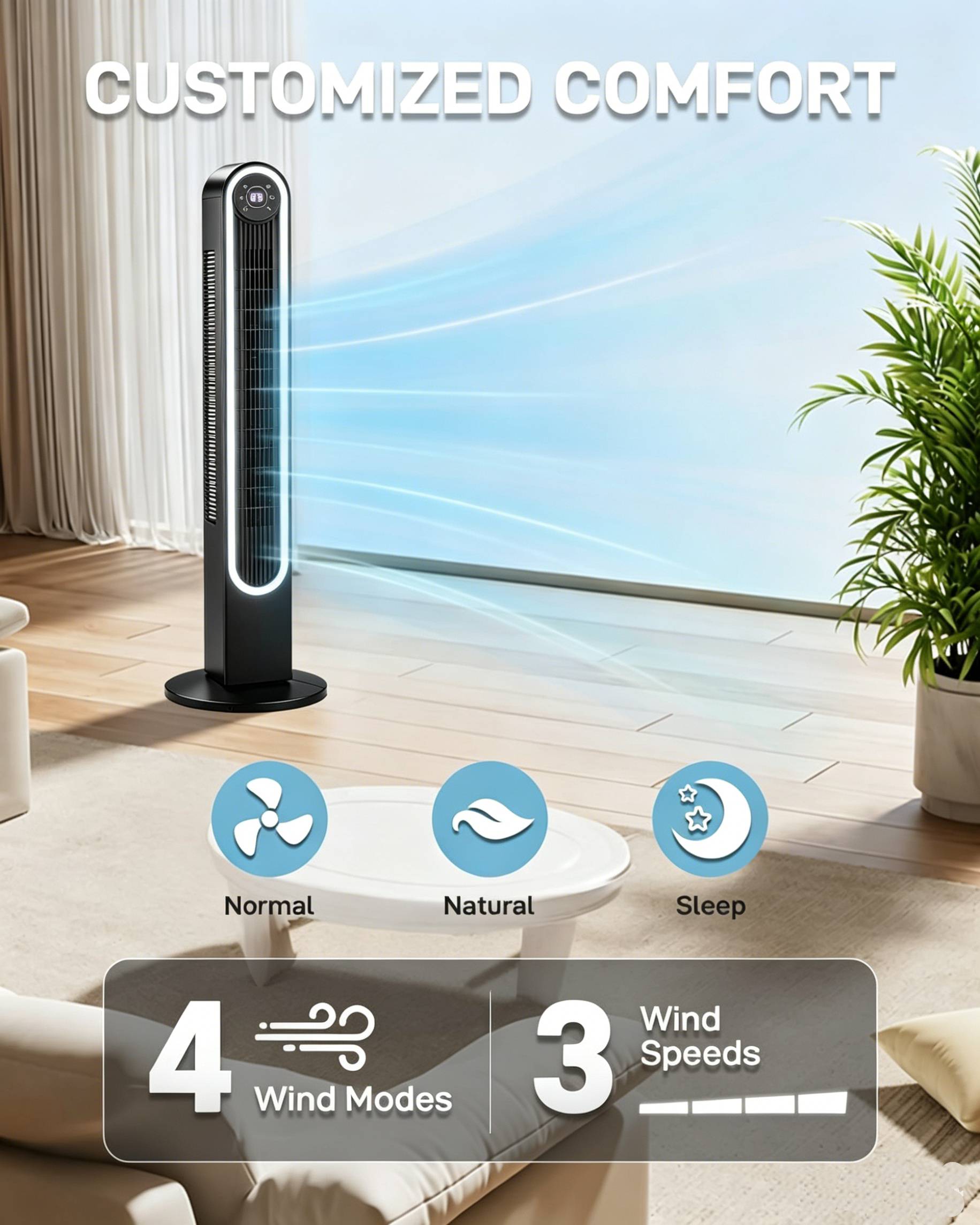 CUSTOMIZED COMFORT

Normal Natural Sleep

4 Wind Modes

3 Wind Speeds
