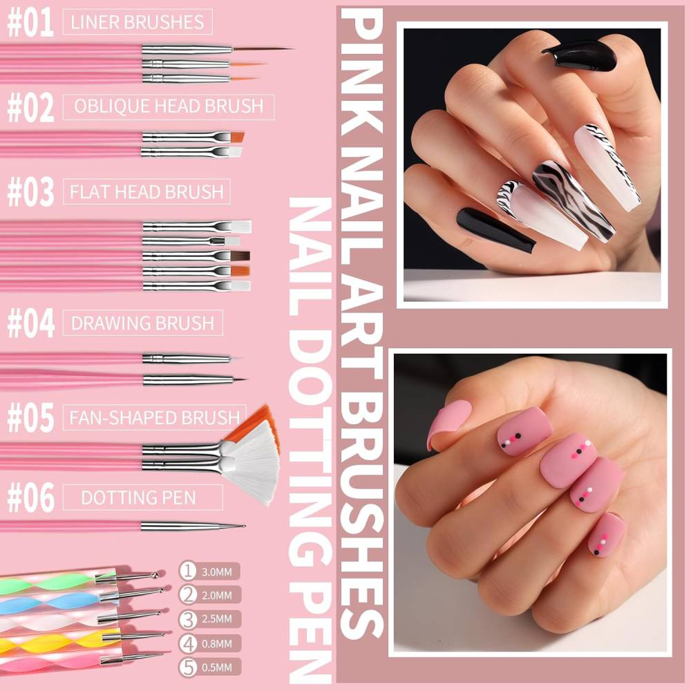 #01 LINER BRUSHES  
#02 OBLIQUE HEAD BRUSH  
#03 FLAT HEAD BRUSH  
#04 DRAWING BRUSH  
#05 FAN-SHAPED BRUSH  
#06 DOTTING PEN  

PINK NAIL ART  
NAIL DOTTING BRUSHES  

1. 3.0MM  
2. 2.0MM  
3. 2.5MM  
4. 0.8MM  
5. 0.5MM