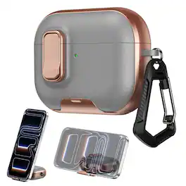 Dteck - Case for AirPods Pro 3rd Gen (2025) with Lock Closure,Stand & Carabiner,Shockproof Leather Texture Earbuds Cover - Grayrosegold
