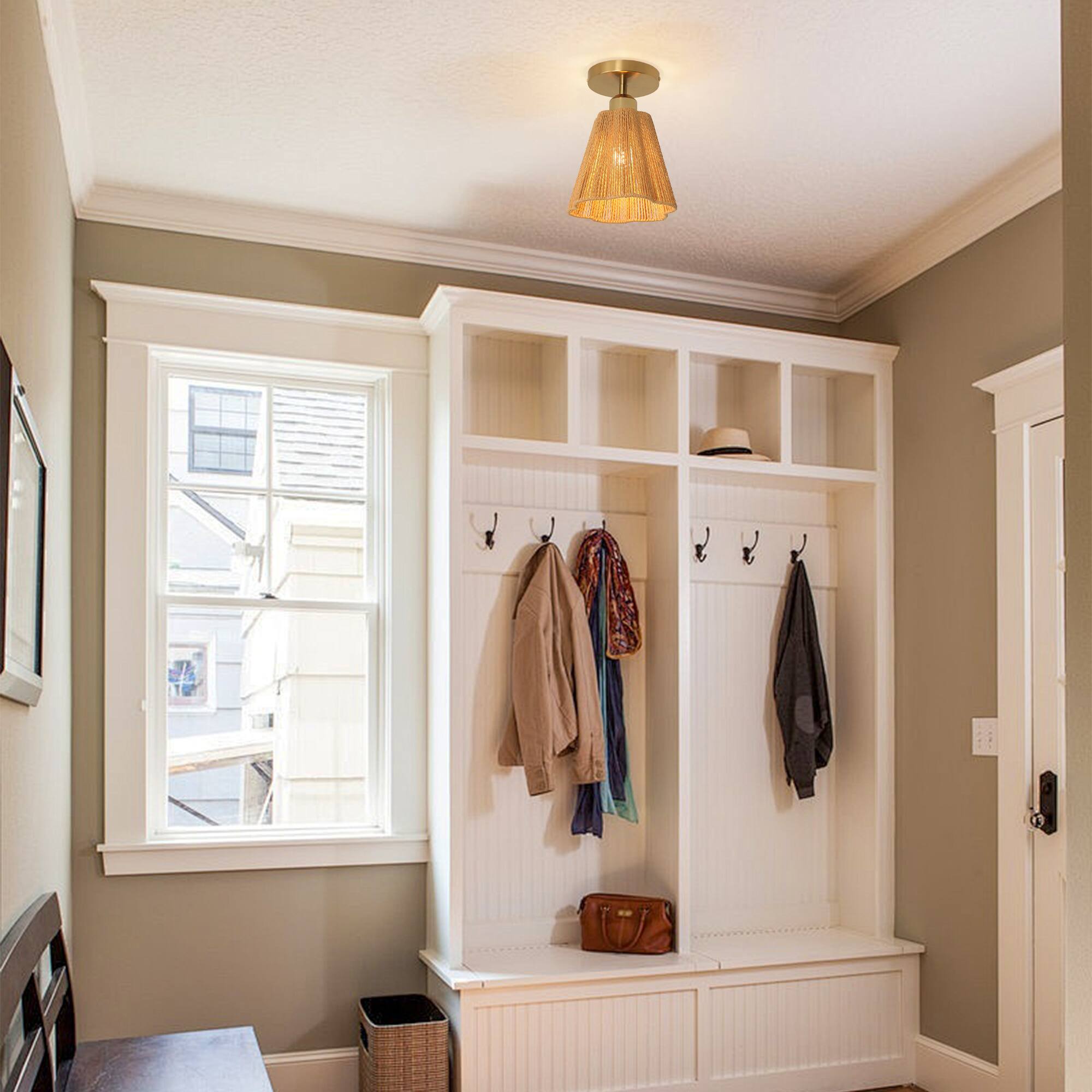 Back. Parrot Uncle - 7.3" Boho Copper Hemp Paper Rope Flush Mount Ceiling Light Fixture for Bedroom and Dining Room - Gold.