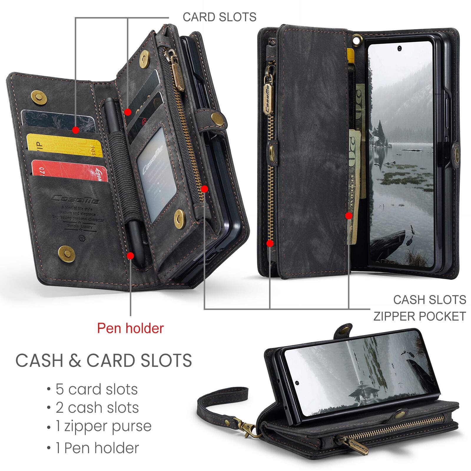 CARD SLOTS

CASH & CARD SLOTS
- 5 card slots
- 2 cash slots
- 1 zipper purse
- 1 Pen holder

CASH SLOTS
ZIPPER POCKET

Pen holder