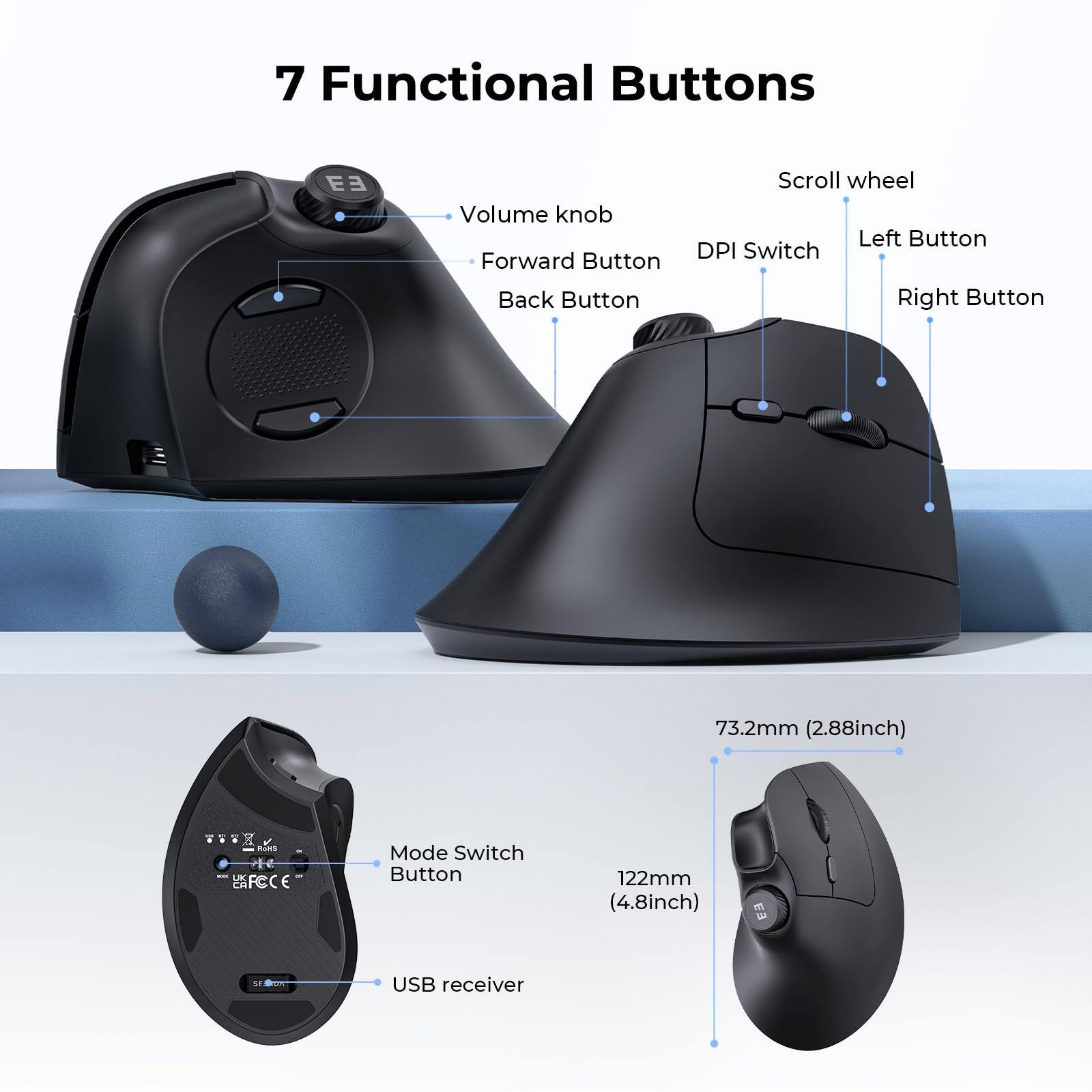 7 Functional Buttons

- Volume knob
- Forward Button
- Back Button
- Scroll wheel
- DPI Switch
- Left Button
- Right Button

Mode Switch Button

USB receiver

Dimensions:
- 73.2mm (2.88inch)
- 122mm (4.8inch)
