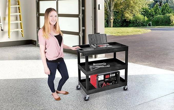 Angle. Amber Sporting Goods - Mobile Utility Tub Cart – 3 Shelves, Ergonomic Handle, 400 lbs Capacity, 32x18", Black - Black.