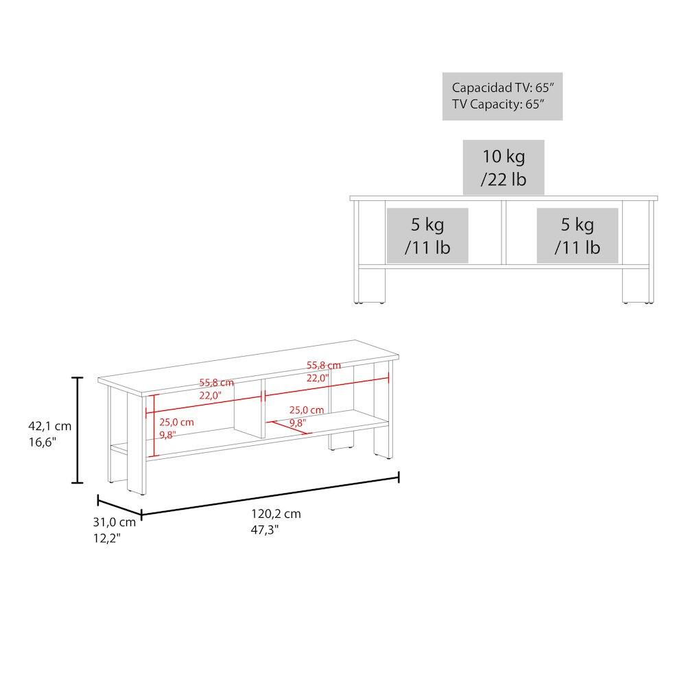 Capacidad TV: 65"  
TV Capacity: 65"  

10 kg / 22 lb  
5 kg / 11 lb  
5 kg / 11 lb  

42,1 cm / 16,6"  
55,8 cm / 22,0"  
25,0 cm / 9,8"  
31,0 cm / 12,2"  
120,2 cm / 47,3"