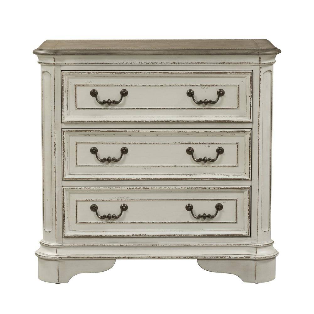 Left. Liberty Furniture Industries - Magnolia Manor 3 Drawer Bedside Chest w/ Charging Station in Antique White - White.