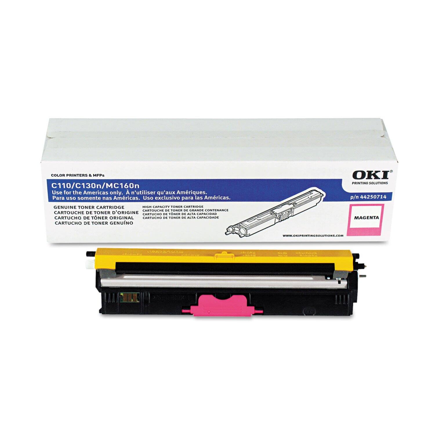 COLOR PRINTERS & MFPs  
C110/C130n/MC160n  
Use for the Americas only.  
A n'utiliser qu'aux Amériques.  
Para uso somente nas Américas.  
Uso exclusivo para las Américas.  

OKI PRINTING SOLUTIONS  
p/n 44250714  

GENUINE TONER CARTRIDGE  
CARTOUCHE DE TONER D'ORIGINE  
CARTUCHO DE TONER GENUINO  
CARTUCHO DE TONER ORIGINAL  
CARTUCHO DE TONER DE ALTA CAPACIDAD  
CARTOUCHE DE TONER DE GRANDE CONTENANCE  

MAGENTA  

www.OKIPRINTINGSOLUTIONS.com