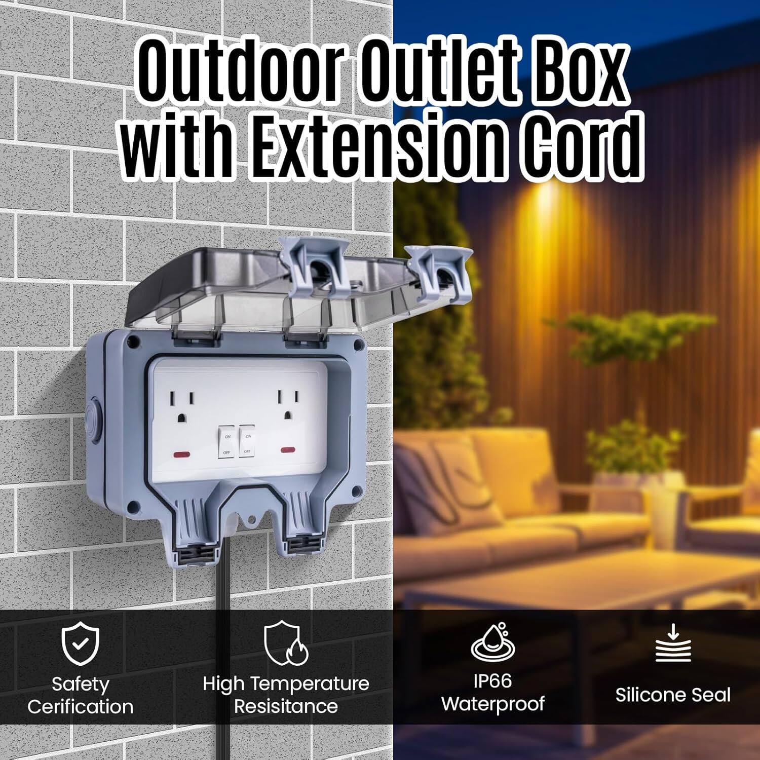 Outdoor Outlet Box with Extension Cord

- Safety Certification
- High Temperature Resistance
- IP66 Waterproof
- Silicone Seal