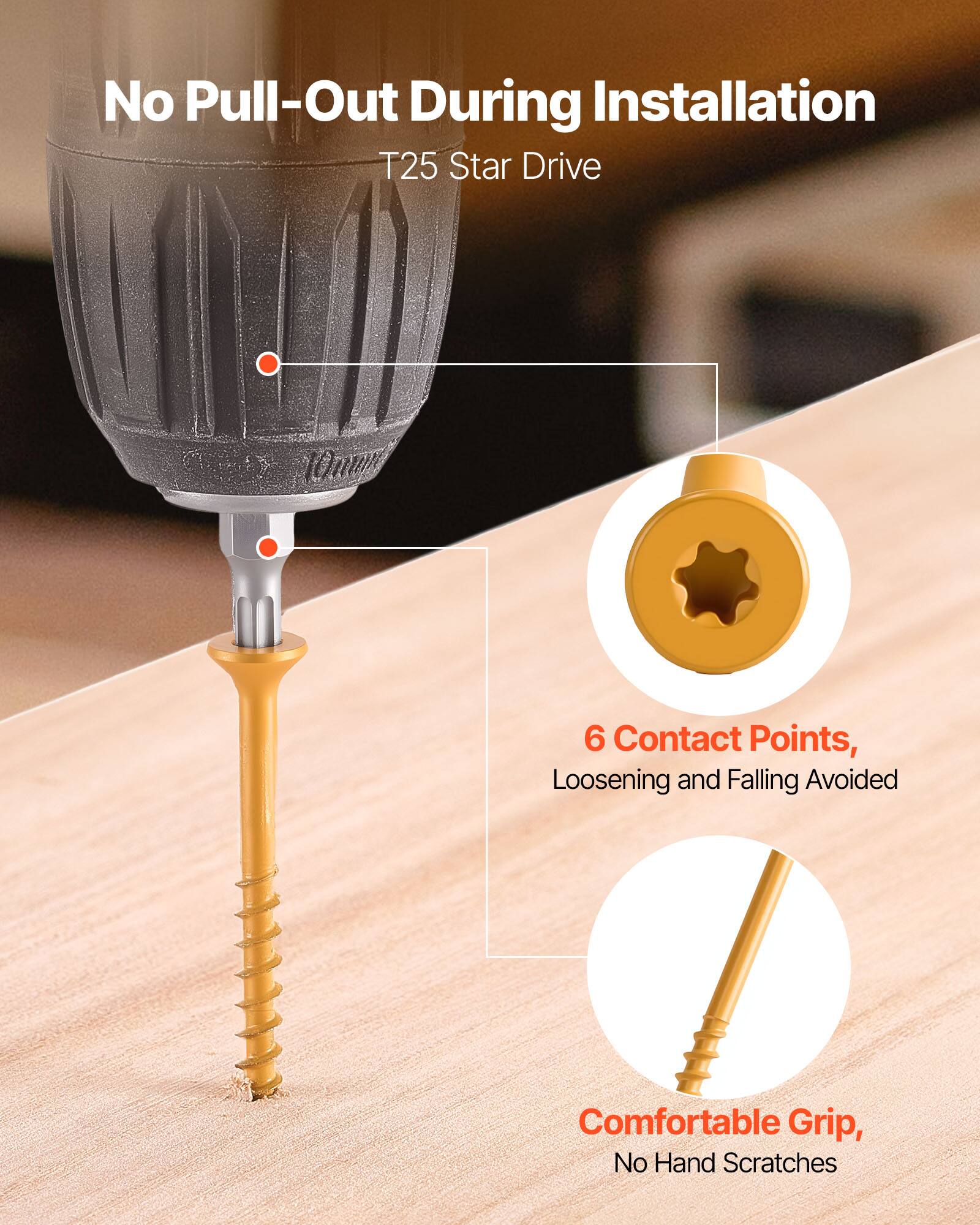 No Pull-Out During Installation  
T25 Star Drive  

6 Contact Points, Loosening and Falling Avoided  

Comfortable Grip, No Hand Scratches
