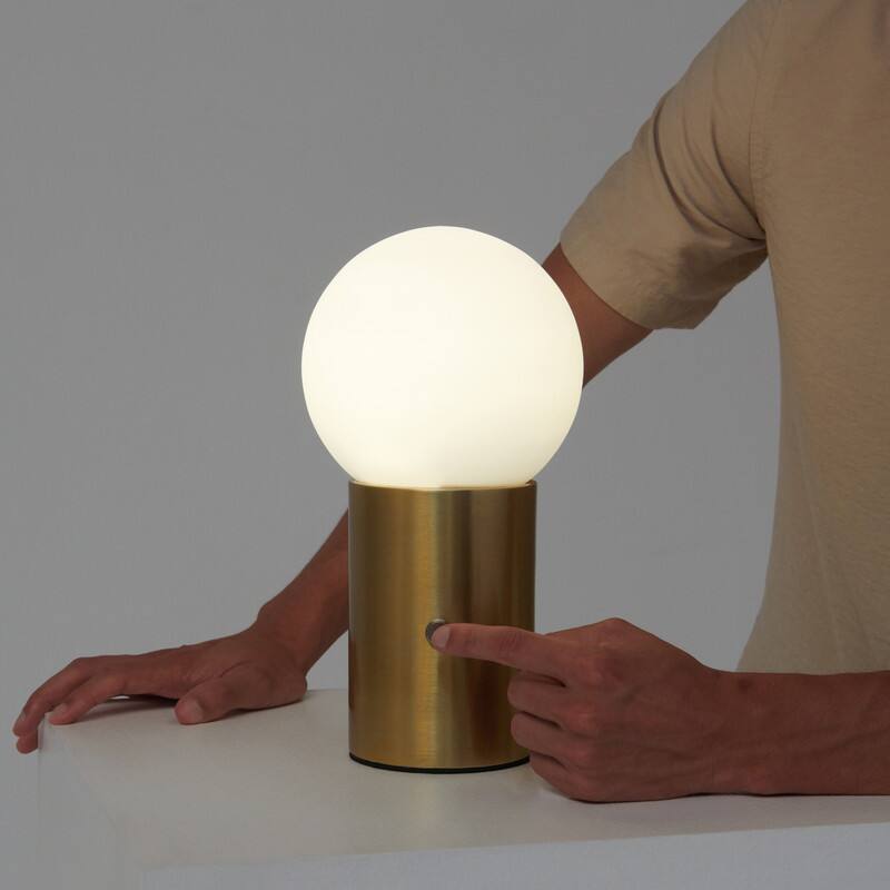 Alt View 2. Brightech - Kai LED Modern Contemporary Round Globe Dimmable Bedside Nightstand Desk Lamp with Fast Charging USB Port - Antiqued Brass.