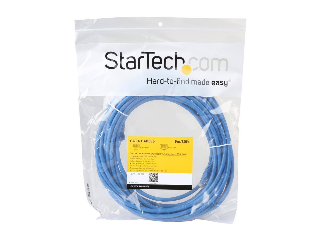 StarTech.com  
Hard-to-find made easy

CAT 6 CABLES  
9m/30ft

Cat6 Patch Cable with Snagless RJ45 Connectors - 30 ft. Blue  
- w. N6PATCH30BL

1509001

Lifetime Warranty