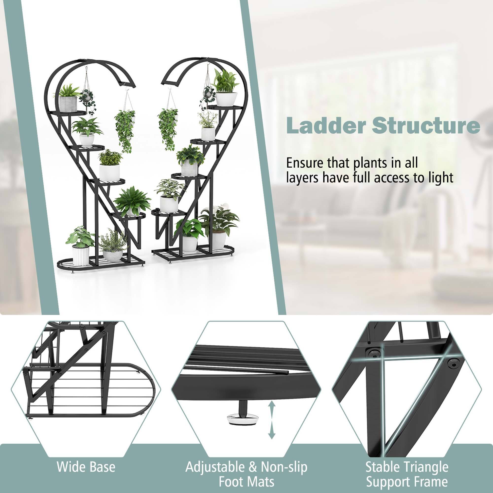Ladder Structure: Ensure that plants in all layers have full access to light.
Wide Base: Adjustable & Non-slip Foot Mats.
Stable Triangle Support Frame.