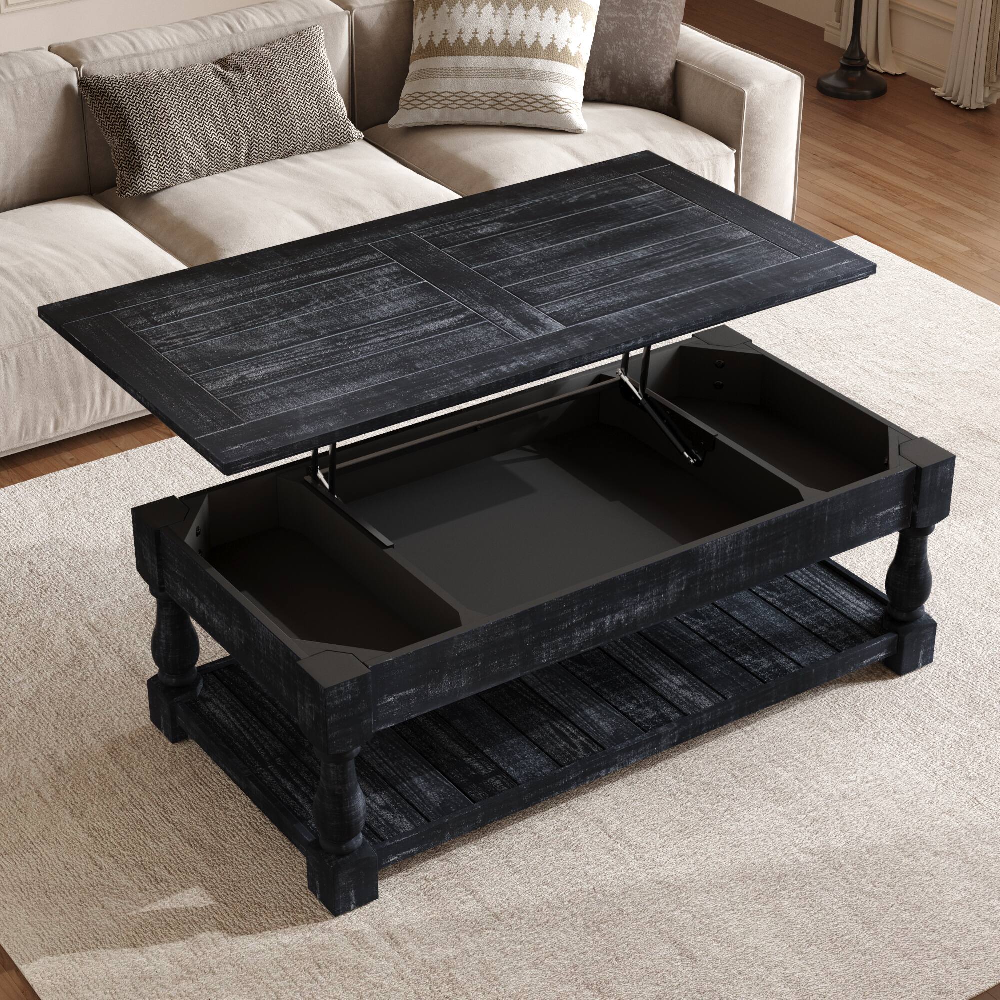 Alt View 1. TinyHomie - Farmhouse Lift Top Coffee Table Fixed Shelf 3 Storage Trays Weathered Black Two Tier - Brown.