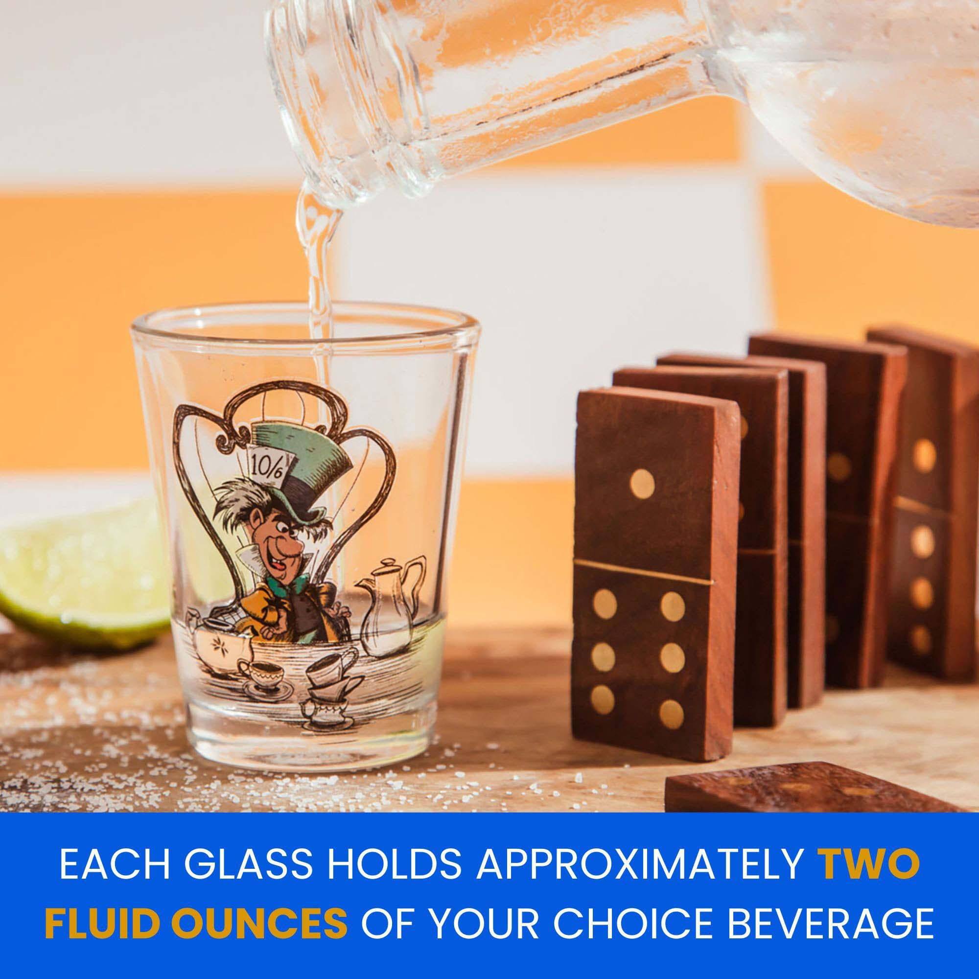 Each glass holds approximately two fluid ounces of your choice beverage.