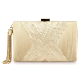 Unique Bargains - Satin Evening Bag Clutch Purse for Women, Chain Tassel Wedding Handbag Compact Formal Clutch for Party Bride - Gold