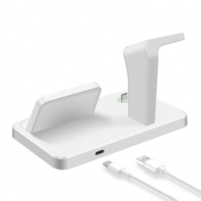 Back. SKRAN - 3 In 1 Fast Charging Stand - Charging Station For Multiple Devices, Phone, Galaxy Watch, Galaxy Buds, Charger Dock Stand - White.