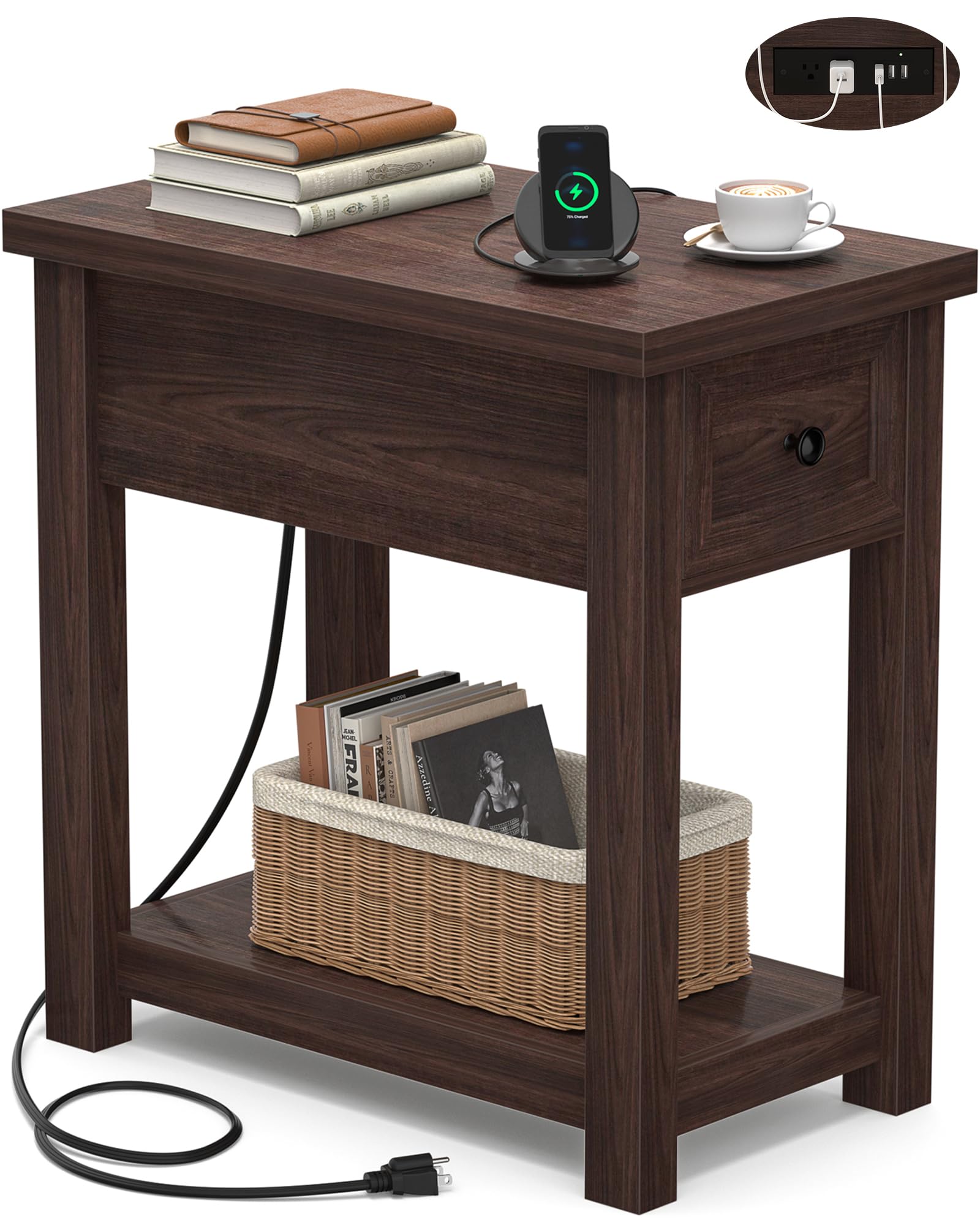 Aheaplus - Farmhouse Charging End Table: Narrow Design With Drawer, USB and Outlets for Bedroom/Living Room - Black Walnut