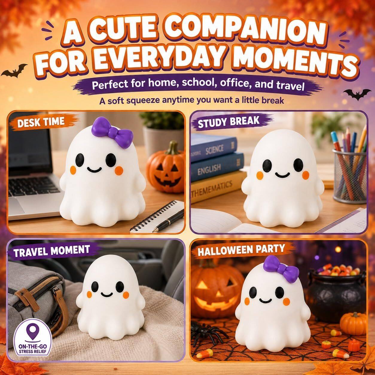 A CUTE COMPANION FOR EVERYDAY MOMENTS  
Perfect for home, school, office, and travel  
A soft squeeze anytime you want a little break  

DESK TIME  
STUDY BREAK  
SCIENCE  
ENGLISH  
THEMATICS  

TRAVEL MOMENT  
HALLOWEEN PARTY  

ON-THE-GO STRESS RELIEF