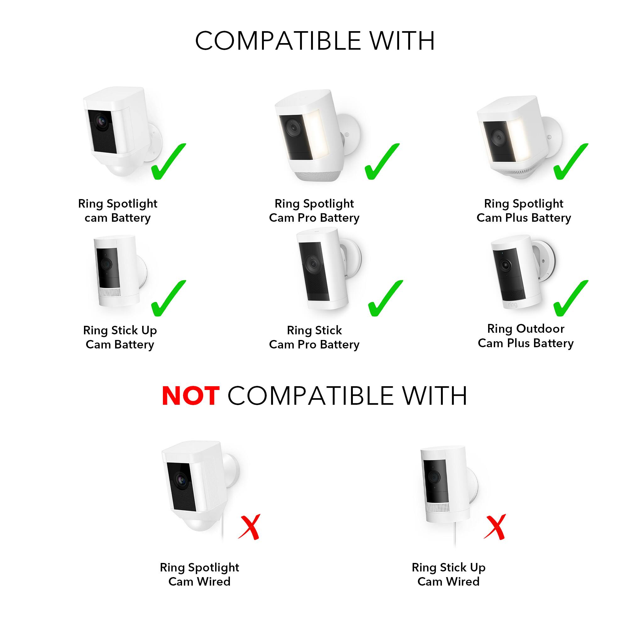 COMPATIBLE WITH

- Ring Spotlight Cam Battery
- Ring Spotlight Cam Pro Battery
- Ring Spotlight Cam Plus Battery
- Ring Stick Up Cam Battery
- Ring Stick Cam Pro Battery
- Ring Outdoor Cam Plus Battery

NOT COMPATIBLE WITH

- Ring Spotlight Cam Wired
- Ring Stick Up Cam Wired