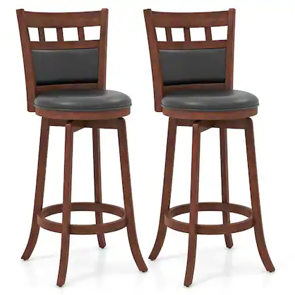Front. Costway - Costway Wood Swivel Bar Stools Set of 2 with Faux Leather Upholstered Seat & Back - Brown.