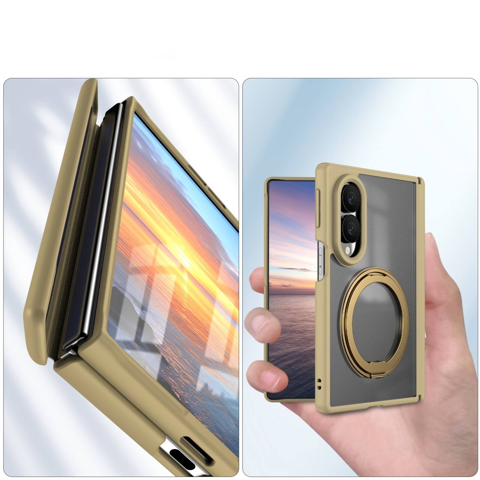 Back. Dteck - Shockproof Phone Case for Samsung Galaxy Z Fold8 with 360 Ring Kickstand, Magnetic Matte Cover with Spine Hinge Defense - Gold.