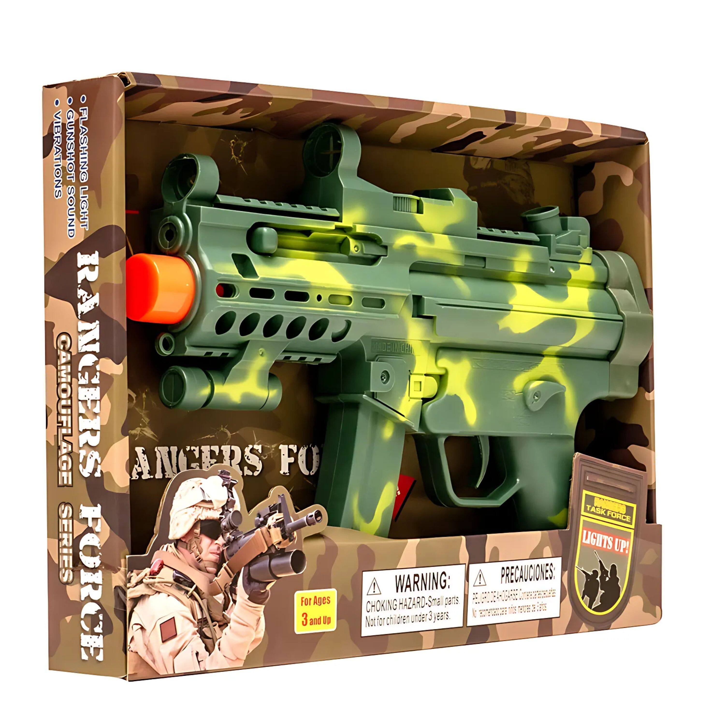 - VIBRATIONS
- GUNSHOT SOUND
- FLASHING LIGHT
- CAMOUFLAGE SERIES
- ANGERS FORCE

For Ages 3 and up

WARNING: CHOKING HAZARD - Small parts. Not for children under 3 years.

PRECAUCIONES: PEQUEÑOS PIEZAS. No es adecuado para niños menores de 3 años.

TASK FORCE LIGHTS UP!