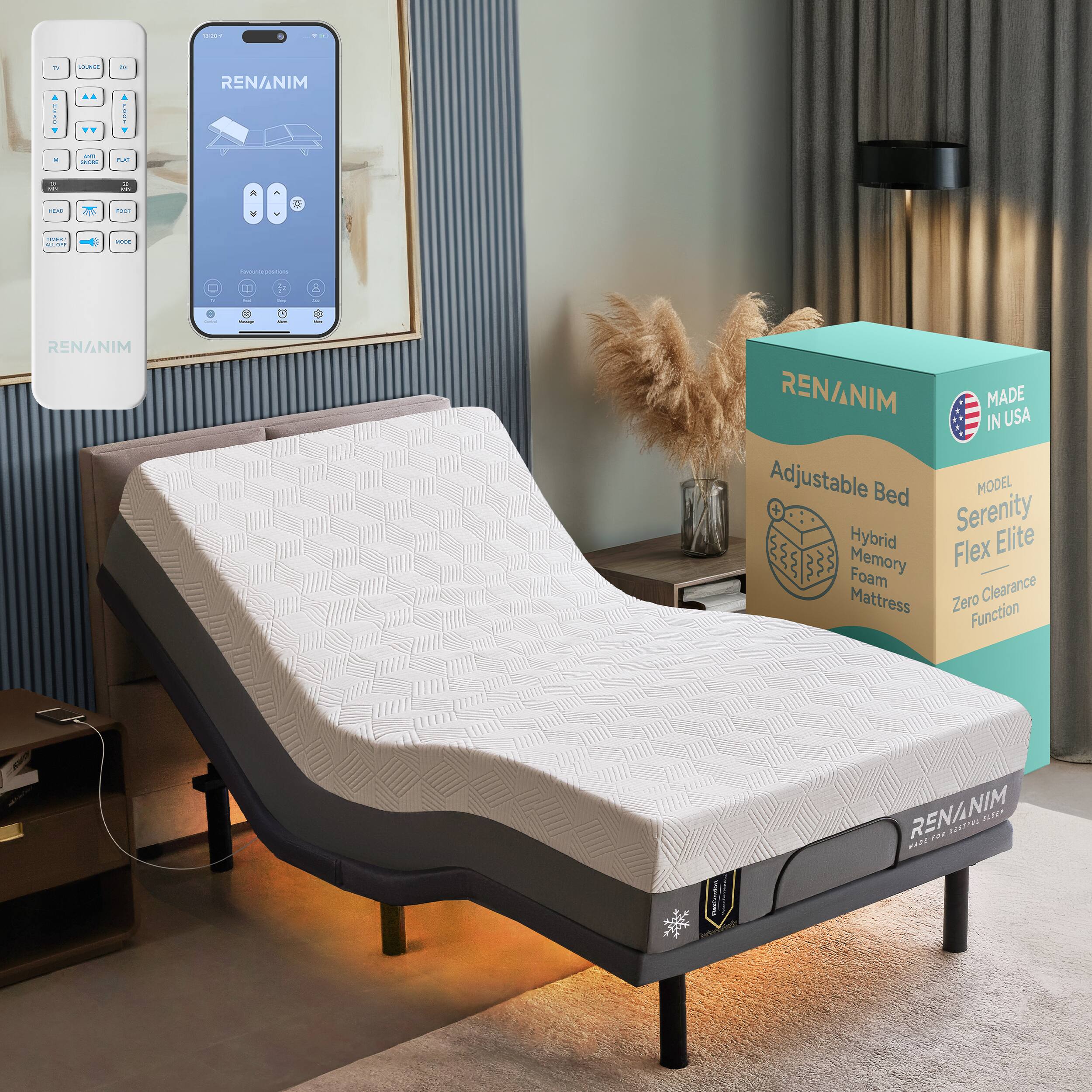 Renanim - SFE Twin XL Adjustable Electric Bed Frame with 12" Hybrid Mattress, Massage, USB, Remote & UnderBed Light - Gray