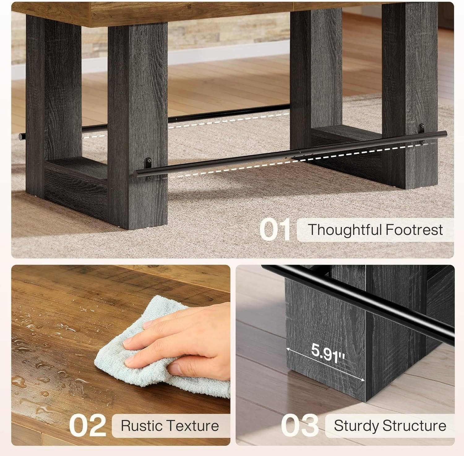 01 Thoughtful Footrest  
5.91"  
02 Rustic Texture  
03 Sturdy Structure