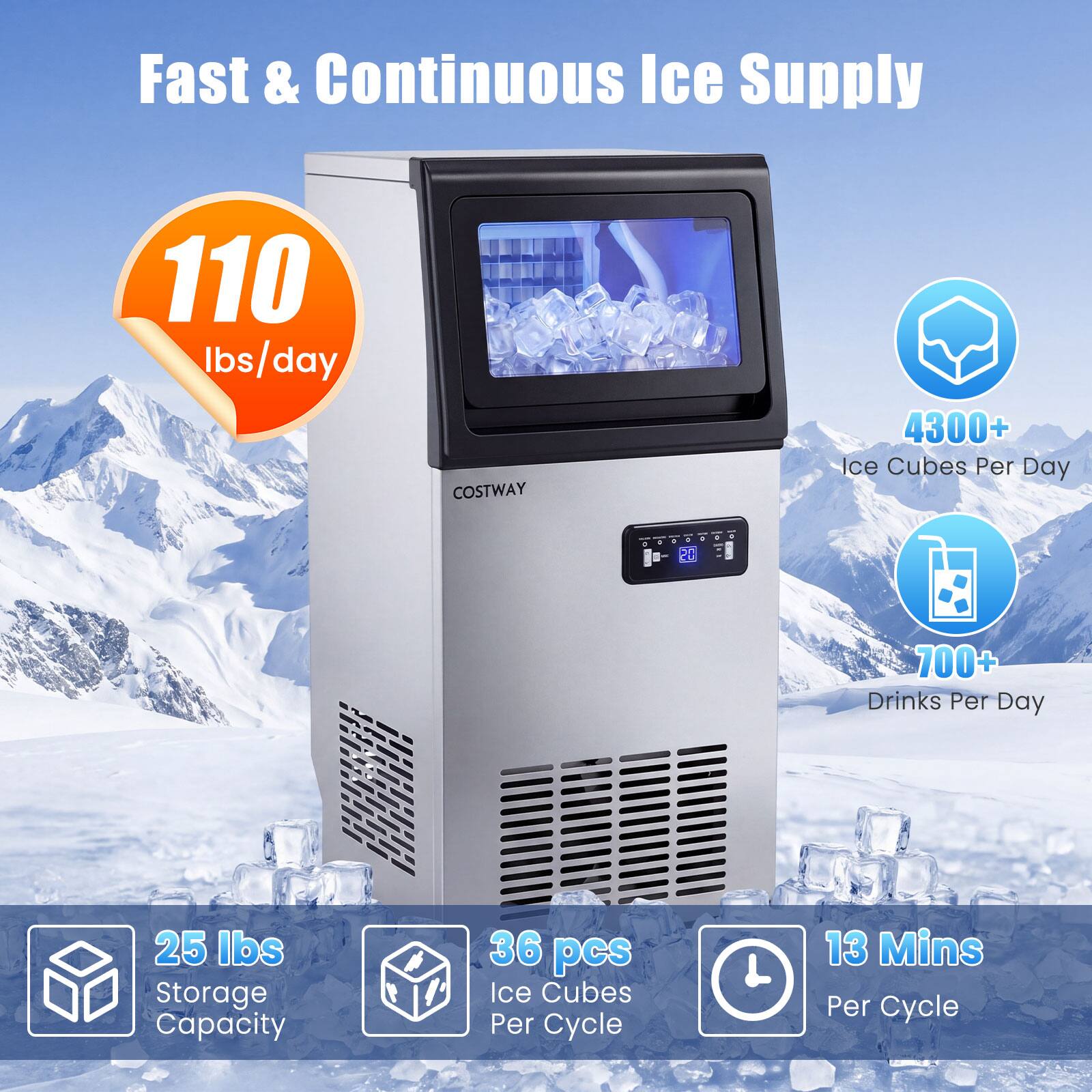 Fast & Continuous Ice Supply

- 110 lbs/day
- 4300+ Ice Cubes Per Day
- 700+ Drinks Per Day
- 25 lbs Storage Capacity
- 36 pcs Ice Cubes Per Cycle
- 13 Mins Per Cycle