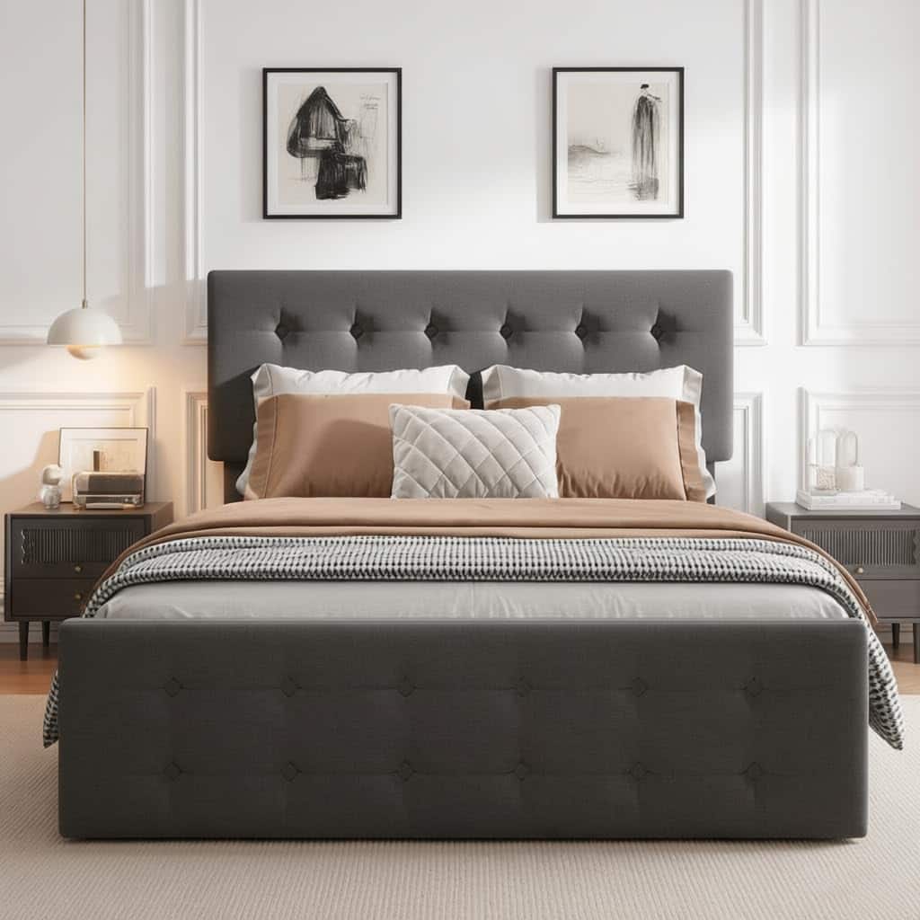 Babevy - Full/Queen/King Bed Frame with 4 Drawers & Adjustable Headboard, Faux Leather Upholstered Mattress Foundation - Dark Gray