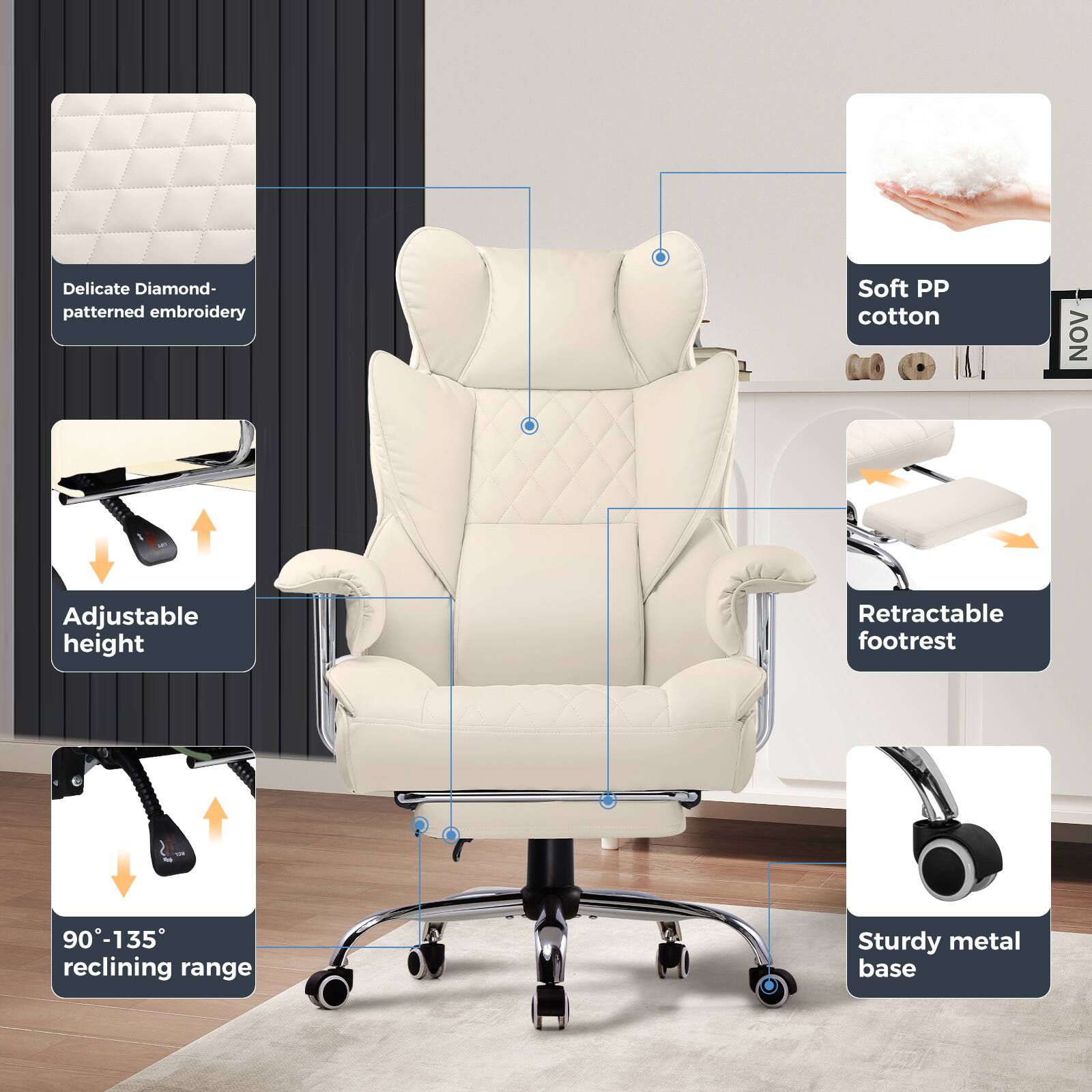 - Delicate Diamond-patterned embroidery
- Soft PP cotton
- Adjustable height
- Retractable footrest
- 90°-135° reclining range
- Sturdy metal base