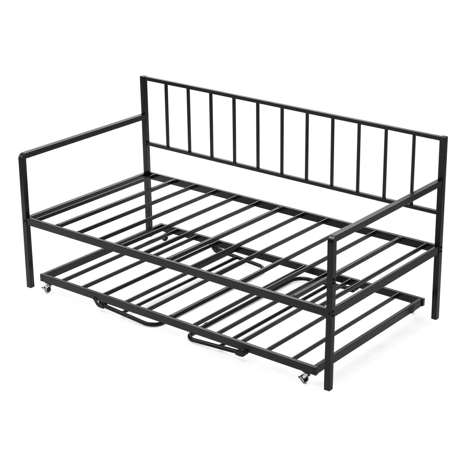 Front. VEVOR - Twin Size Daybed Frame, Height Adjustable Day Bed with Trundle, Heavy Duty Metal Platform Bed Frame with LED Light - Black.