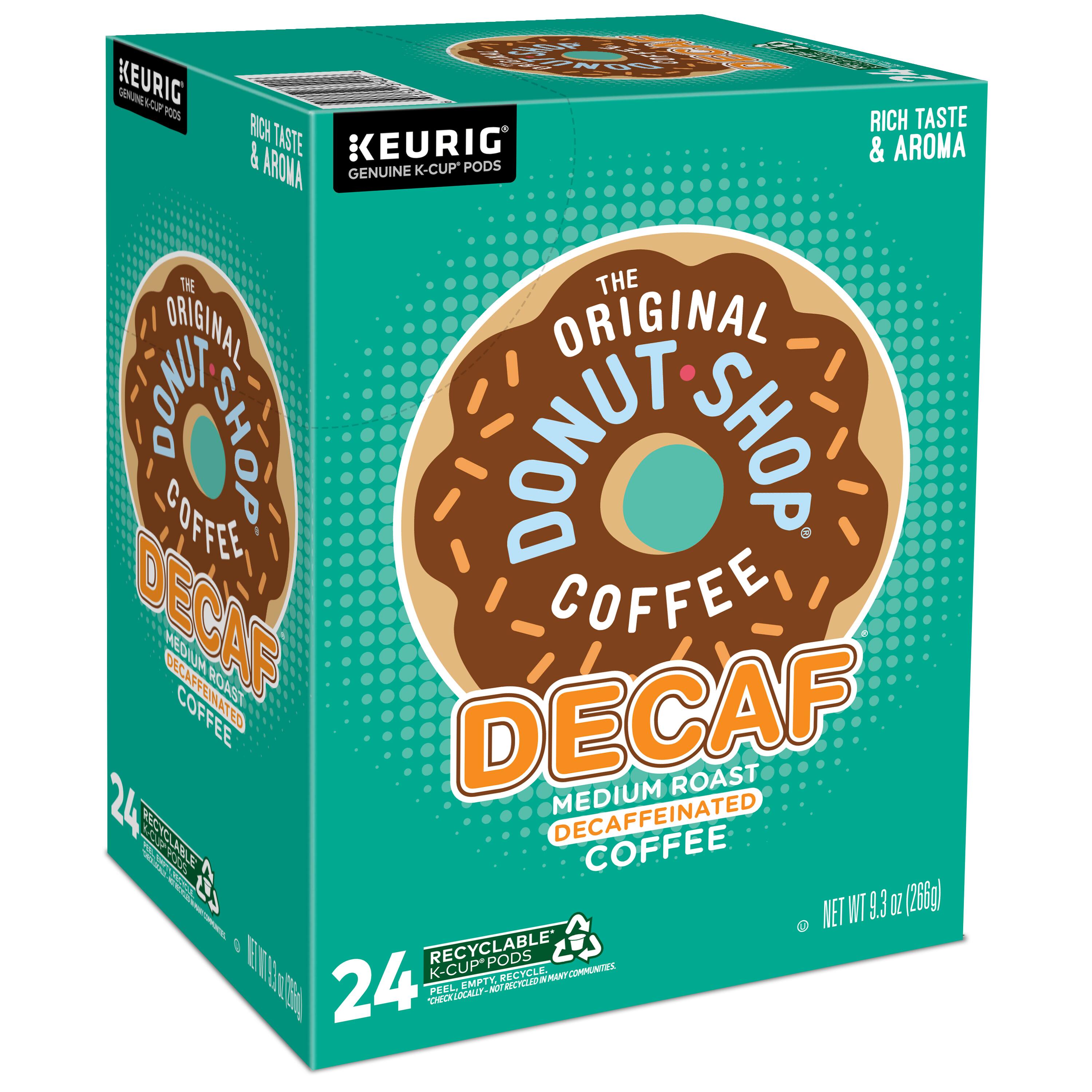 The Original Donut Shop Decaf Coffee is a medium roast decaffeinated coffee that comes in a 24-count box. The box is made of recyclable materials and is designed to be recycled after use. The coffee is made by Keurig, a well-known brand in the coffee industry.