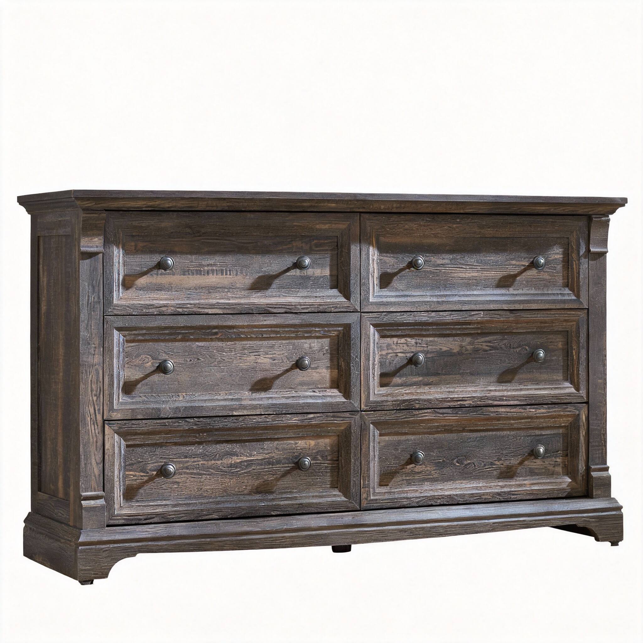 Front. CovertSafe - 54" Farmhouse Roman Column Dresser TV Stand Bedroom Nursery Hallway - Dark Rustic Oak 16"D x 54"W x 32"H (6 Drawers).