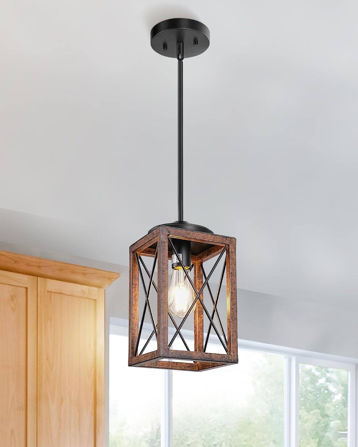 Alt View 2. FINEAK - Adjustable Farmhouse Pendant Light-Rustic Wood Grain Metal Fixture.