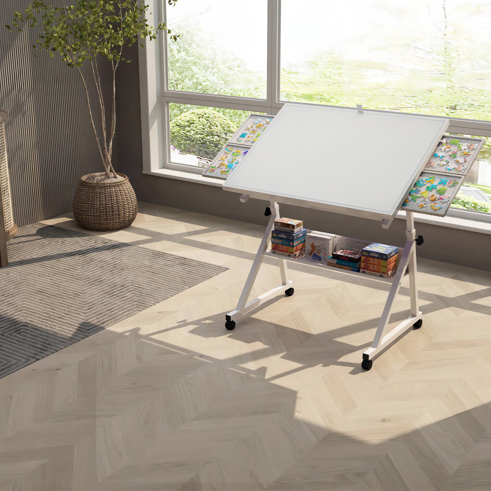 Alt View 9. GOODSILO - Adjustable Height Puzzle Table with Storage Trays and Rolling Wheels for Large 1500-Piece Jigsaw Projects - White+gray.