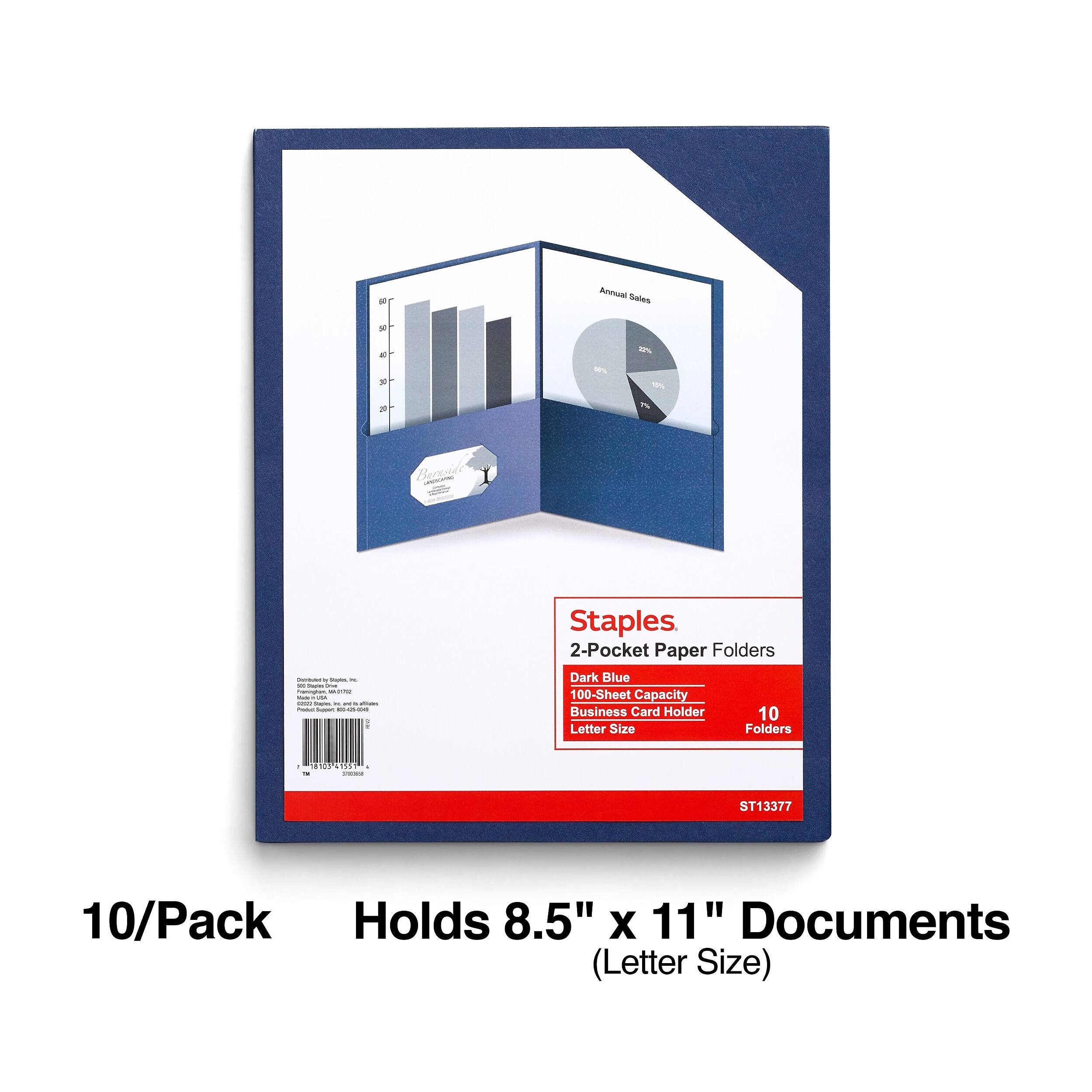 Annual Sales  
50  
a DE  
50%  
10%  
20  
Becosile  
Disqrnce JOURA ins.  
Calories Raminghait - - Valu  
Cooples ing in minus Reed Choot 85-425-896 Y  

Staples 2-Pocket Paper Folders Dark Blue 100-Sheet Capacity Business Card Holder 10 Letter Size Folders  
- 181034155 A -  
ST13377  
10/Pack Holds 8.5" X 11" Documents (Letter Size)