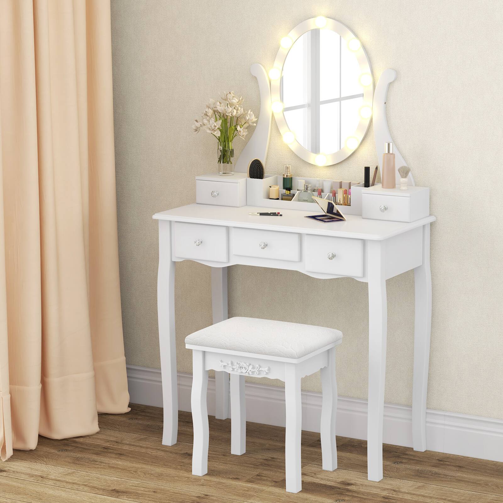 Alt View 1. Costway - Costway Vanity Set Makeup Table Padded Stool LED Lighted Mirror 5 Drawers Storage Grid - White.